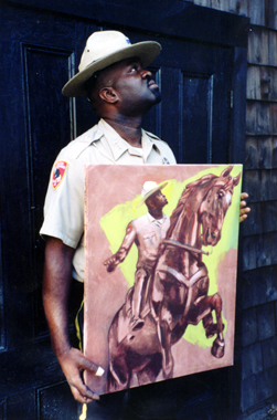 Boston Park Ranger posing with portrait, 1996